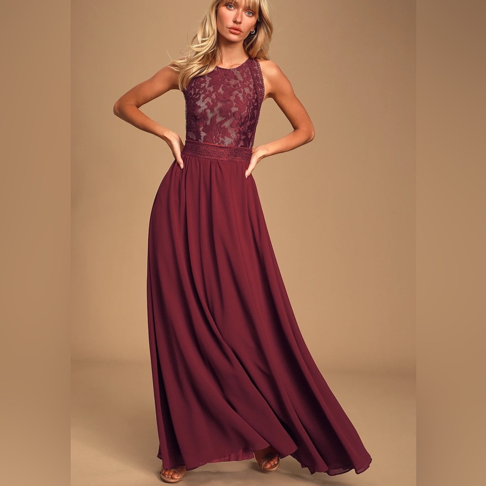 NWOT Lulus Forever and Always burgundy lace maxi dress